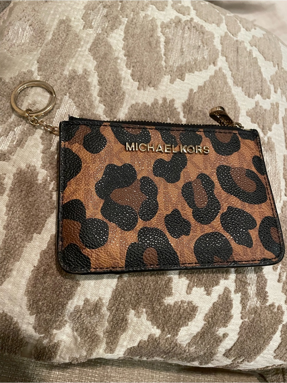 Michael Kors Leopard Print Zip Card Case with Keyring - Brown & Black